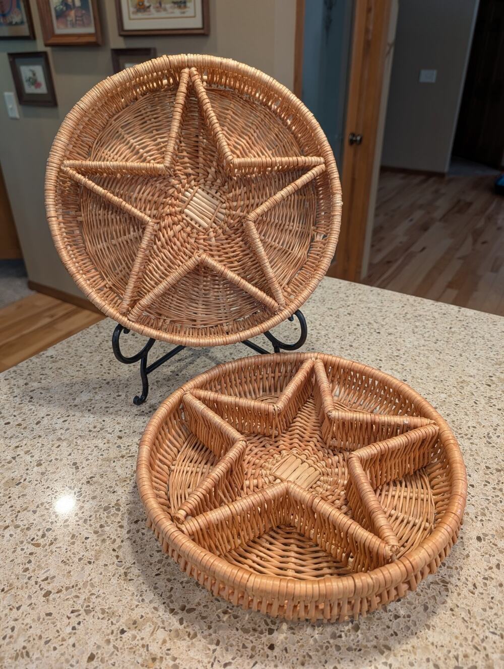 Set Of 2 Vintage Round Wicker Basket with Star inside 13 Inch Diameter 2.5" High